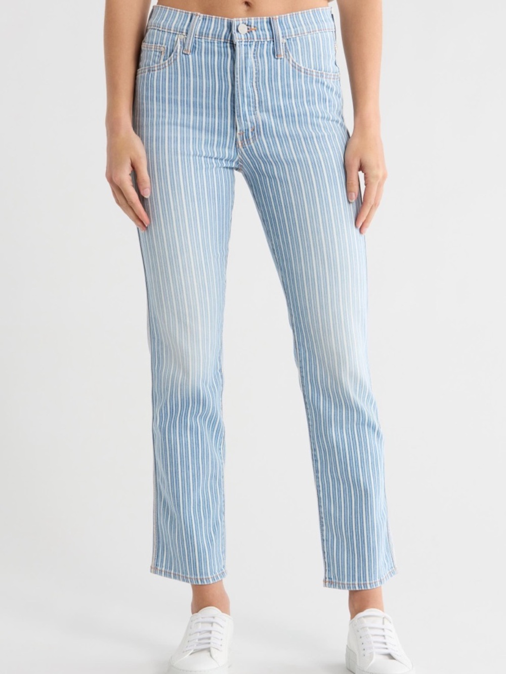 Mother The Triple Tomcat Ankle Striped Denim Jeans in Orange You Glad 24